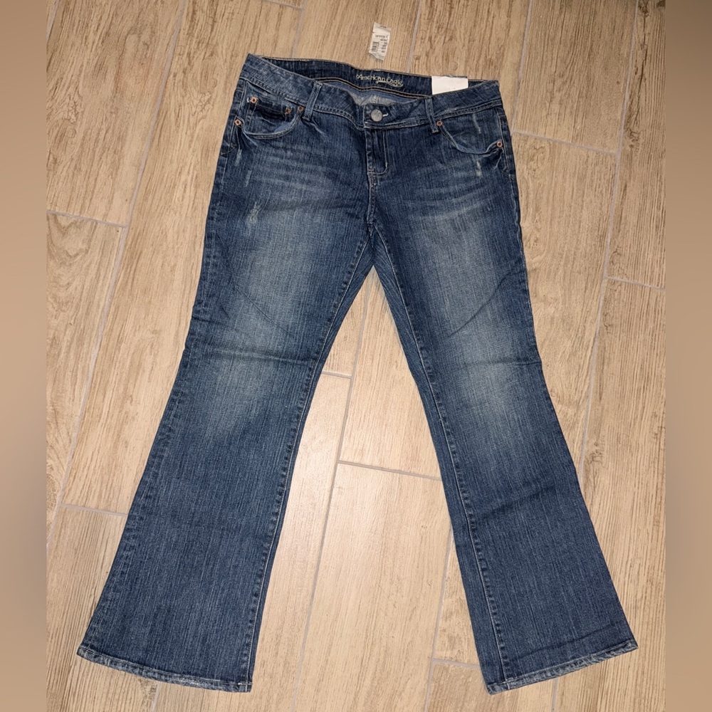 American Eagle Outfitters Dark Blue Distressed Flare Jeans